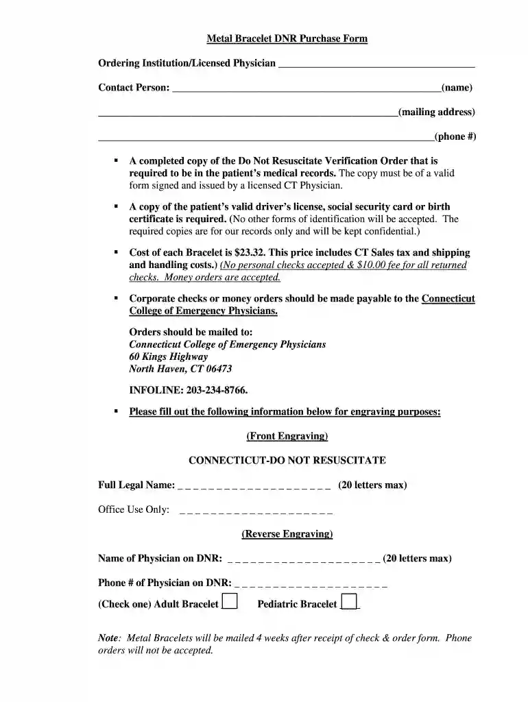 Metal Bracelet DNR Order Form - eforms Preview on Page 1