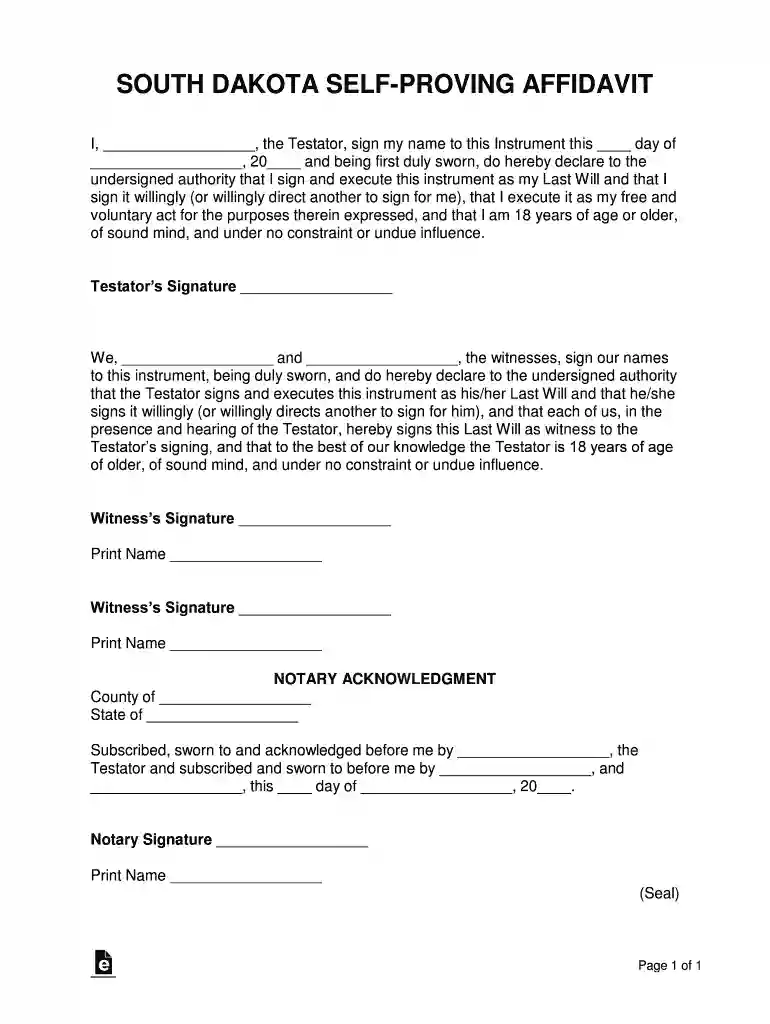 South Dakota Self-Proving Affidavit Form Preview on Page 1