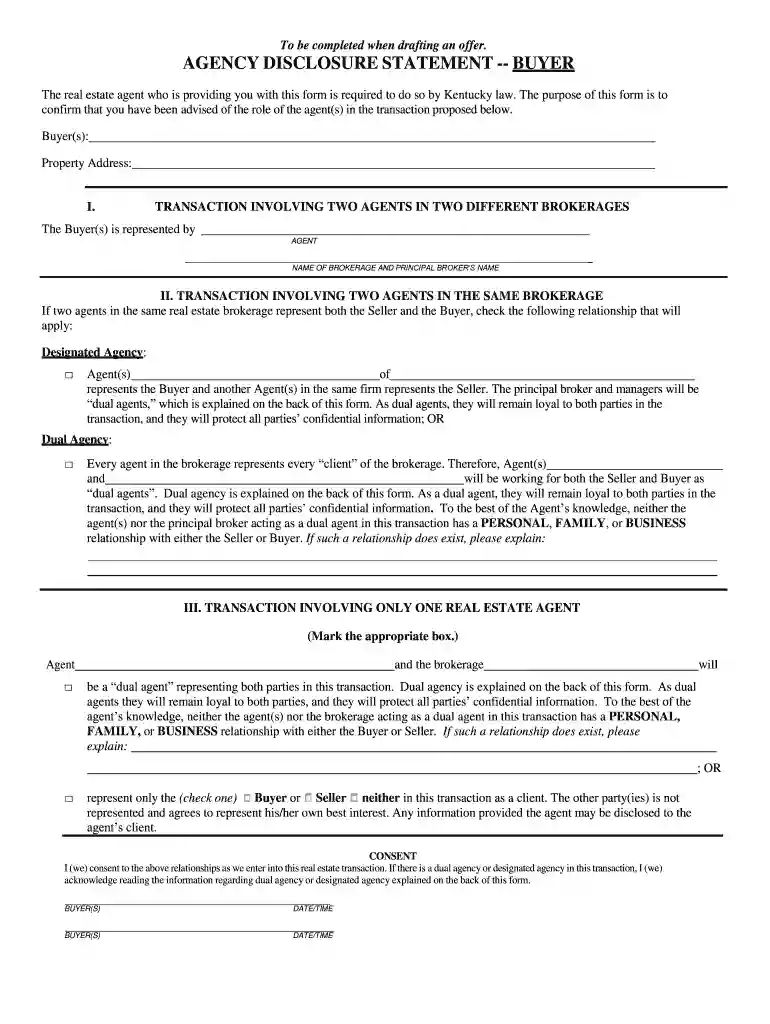 Kentucky Agency Disclosure Statement for Buyer Preview on Page 1