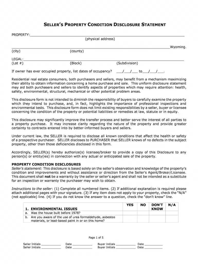 Wyoming Seller's Property Disclosure Statement Preview on Page 1