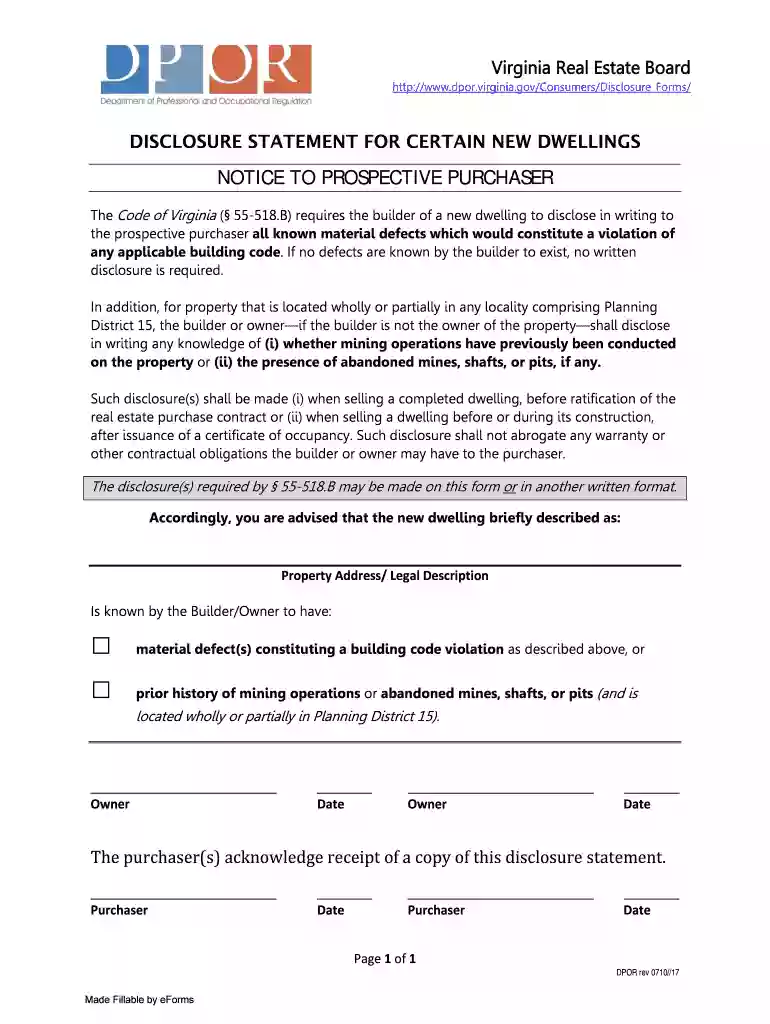 Virginia New Dwelling Disclosure Preview on Page 1