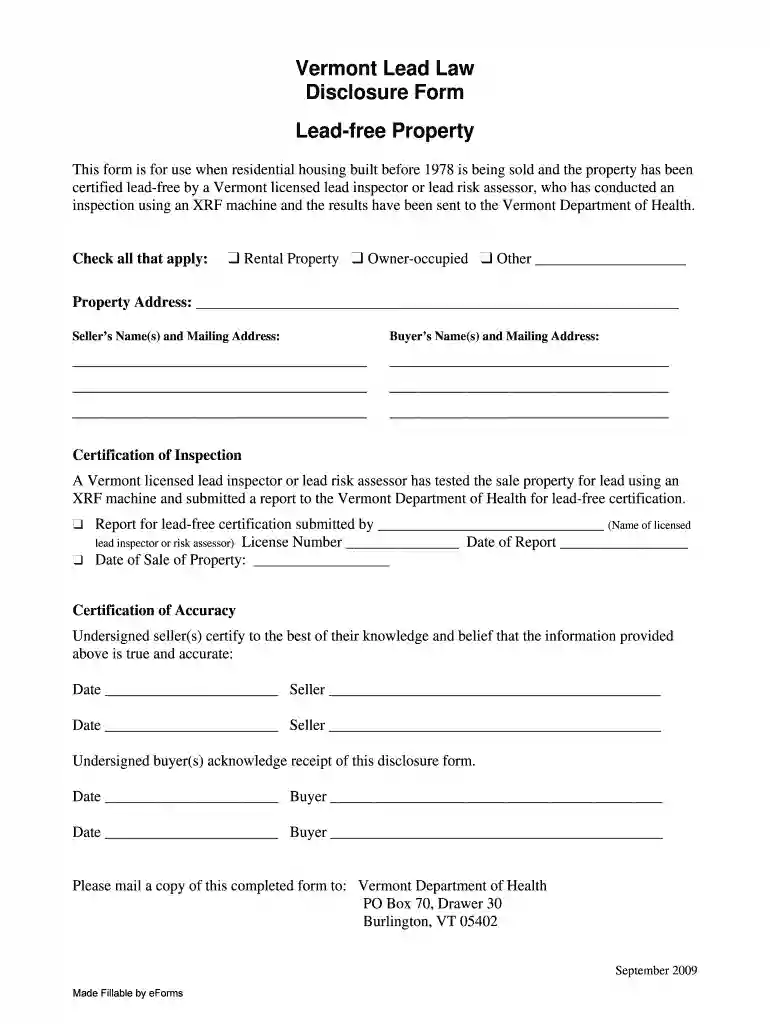 Vermont Lead Law Disclosure Form - Lead-Free Property Preview on Page 1