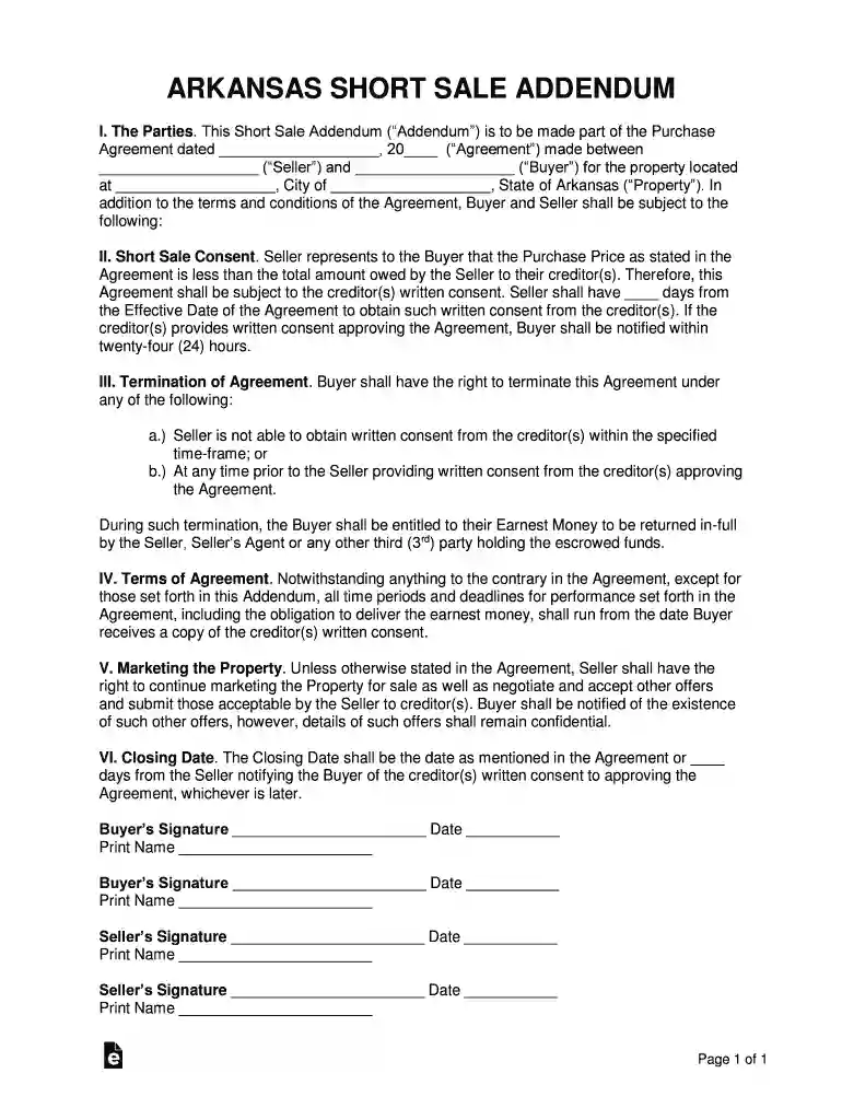 Arkansas Short Sale Addendum to Purchase Agreement Preview on Page 1