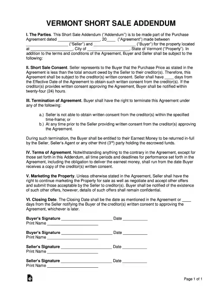 Vermont Short Sale Addendum to Purchase Agreement Preview on Page 1