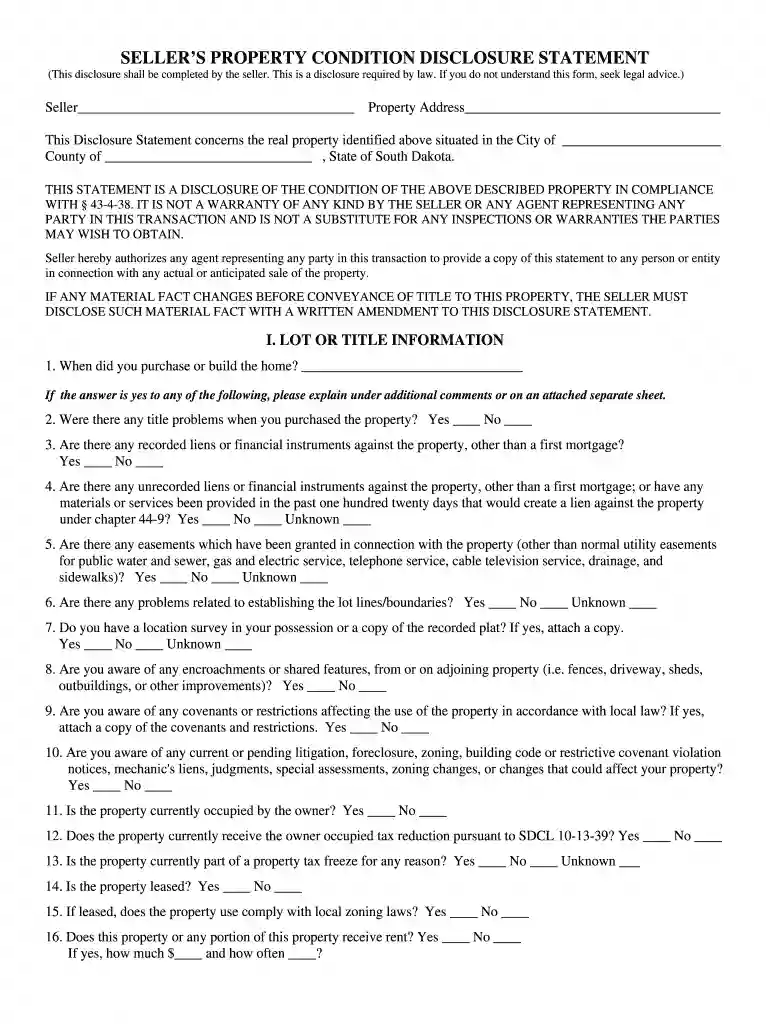 South Dakota Seller's Property Condition Disclosure Statement Preview on Page 1