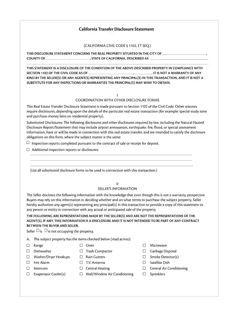 California Transfer Disclosure Statement (California Civil Code1102, et seq) Preview on Page 1