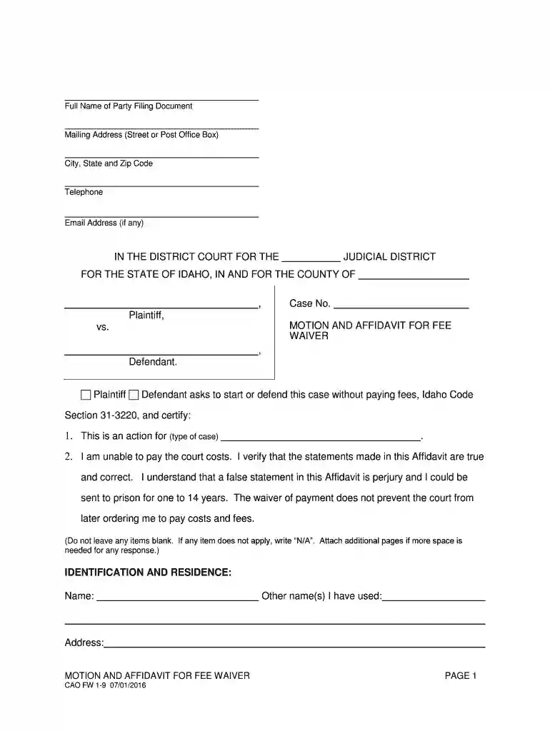 Idaho - Motion and Affidavit for Fee Waiver Preview on Page 1