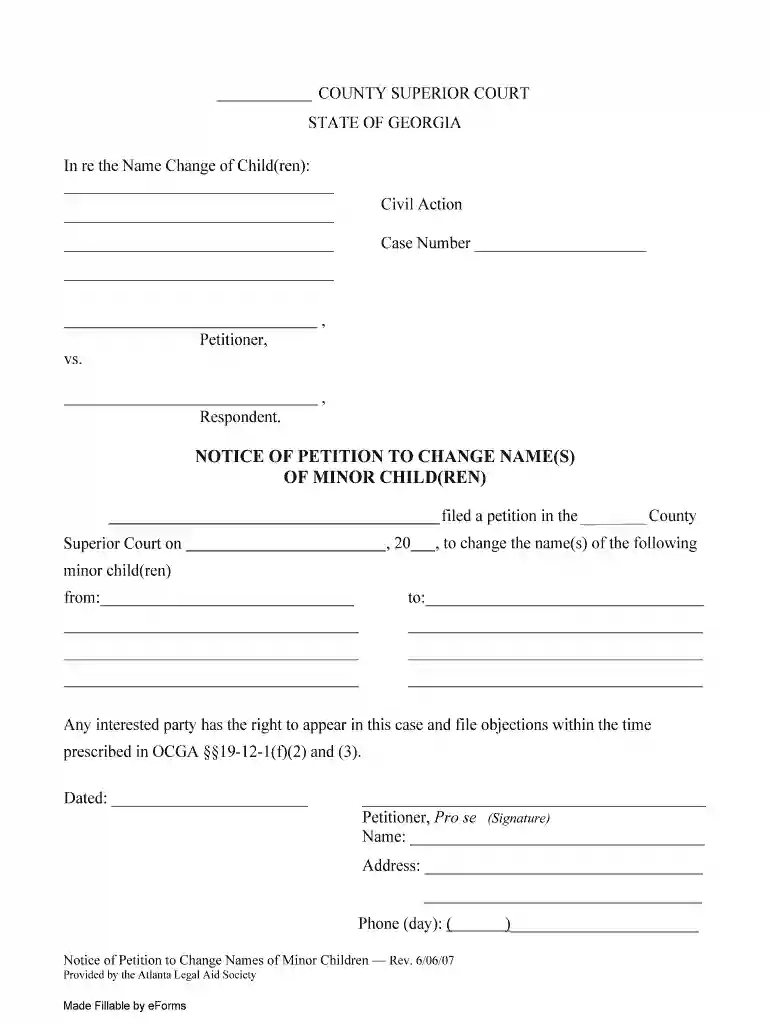 Georgia Notice of Petition to Change Name(s) of Minor Child(ren) Preview on Page 1