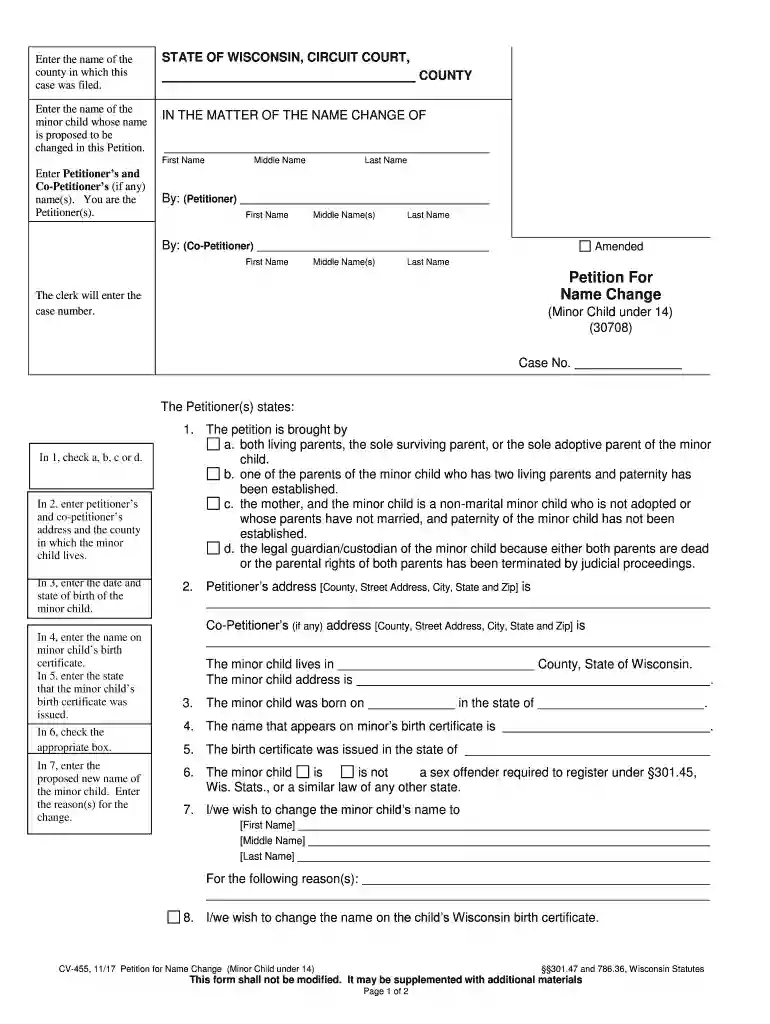 CV-455: Petition for Name Change (Minor Child under 14) Preview on Page 1
