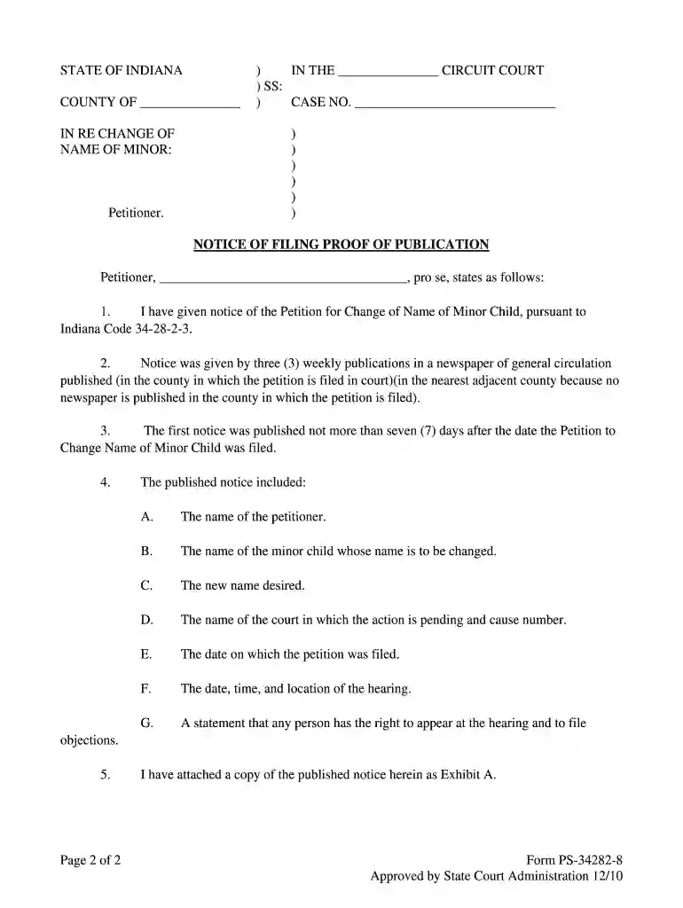 Indiana - Notice of Filing Proof of Publication (Minor) Preview on Page 1