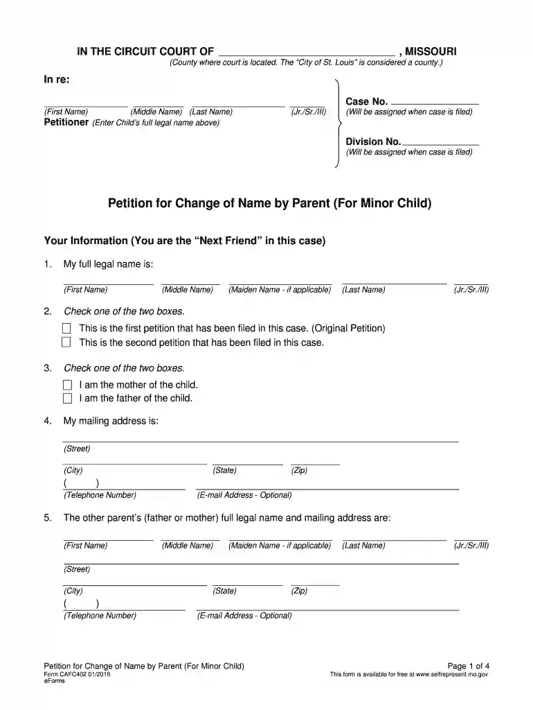 Petition for Change of Name by Parent (Form CA402) Preview on Page 1
