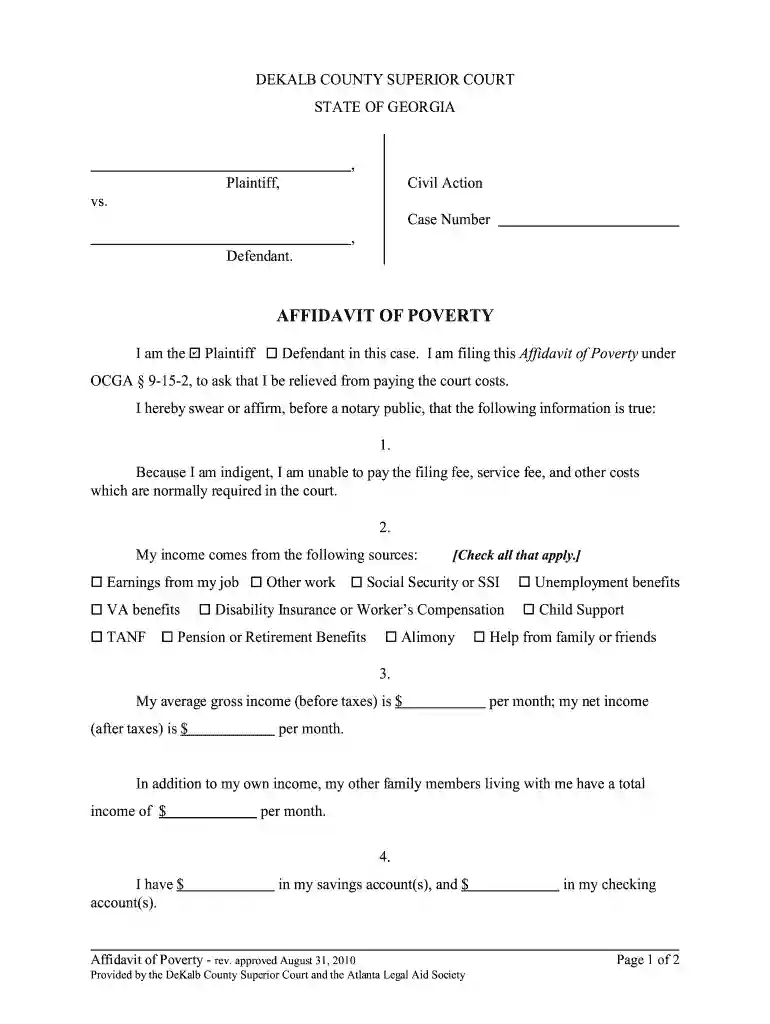 affidavit of poverty - Georgia Legal Aid Preview on Page 1