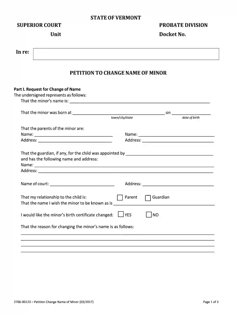 Form 700-00123 Petition to Change Name of Minor - Vermont Preview on Page 1