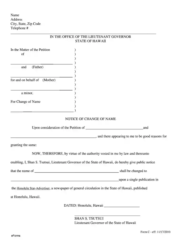 Hawaii - Notice of Change of Name (Minor by Parents) Preview on Page 1