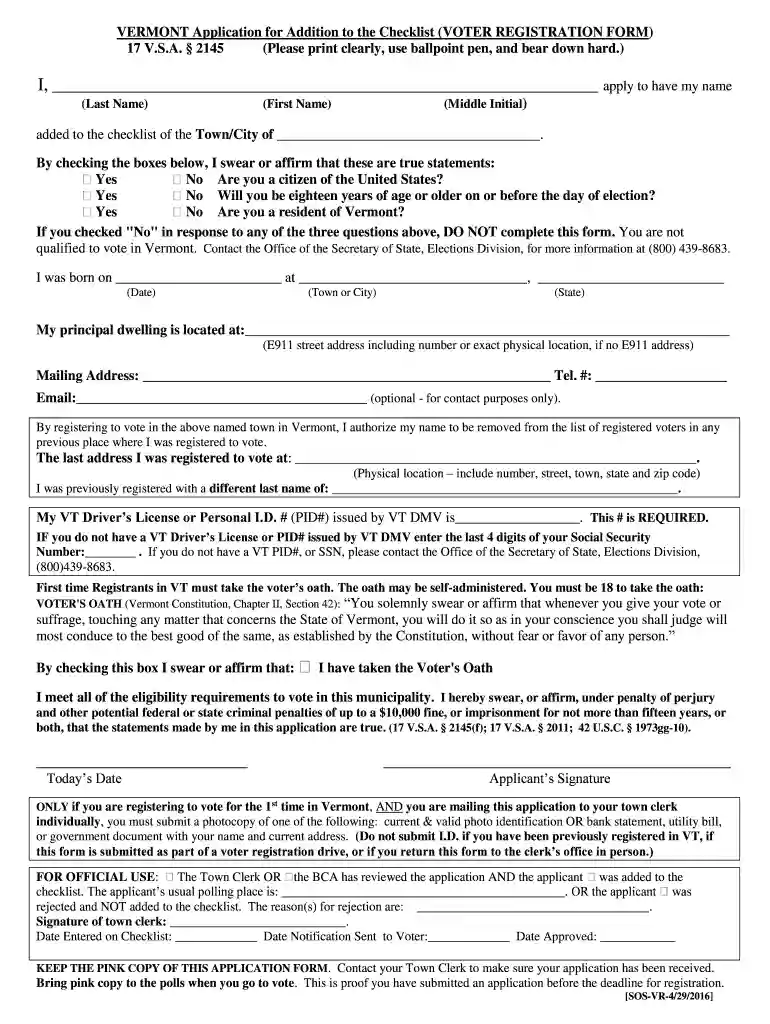Voter Registration Application - Vermont Secretary of State Preview on Page 1