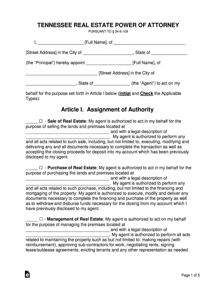 Tennessee Real Estate Power of Attorney Form Preview on Page 1