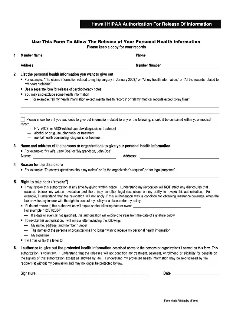 Hawaii HIPAA Medical Release Form Preview on Page 1