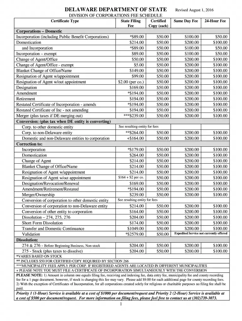 DIVISION OF CORPORATIONS FEE SCHEDULE Preview on Page 1