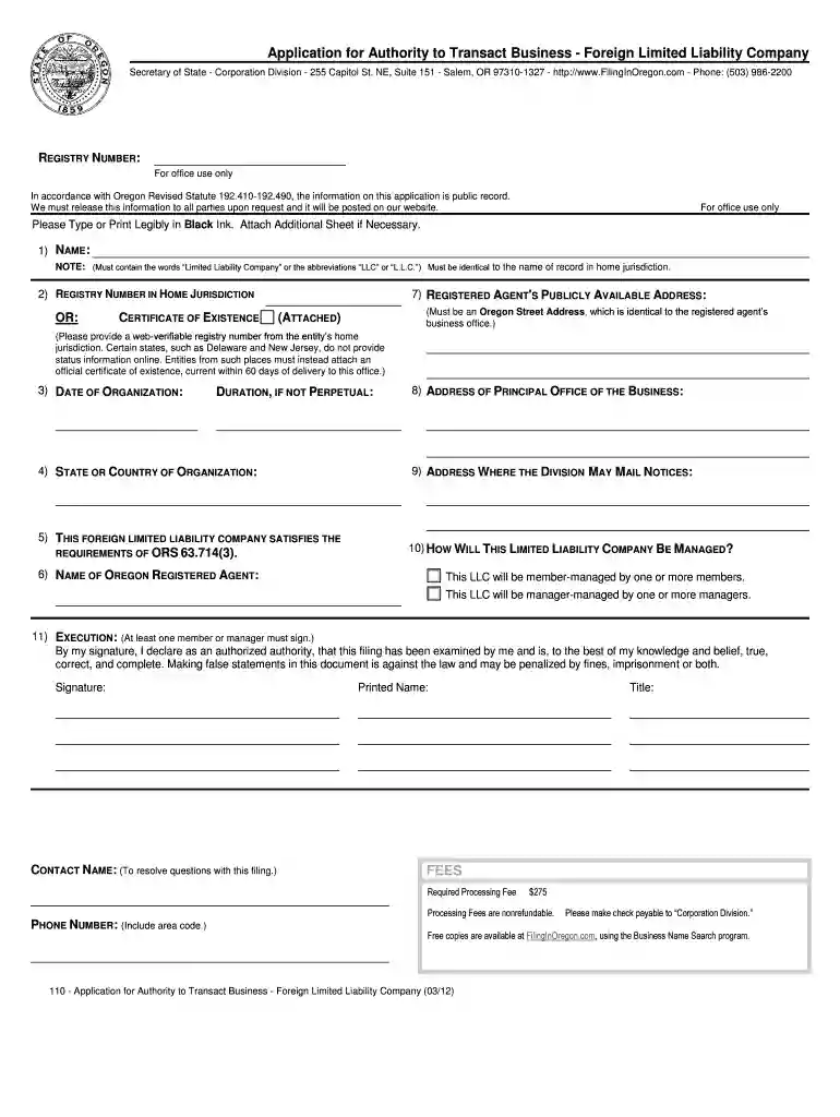 Application for Authority to TransactForeign Limited Liability Company Application for Authority to Preview on Page 1