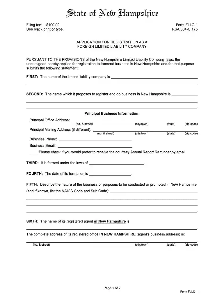 FLLC-1 - Application For Registration As A Foreign - NH SOS Preview on Page 1