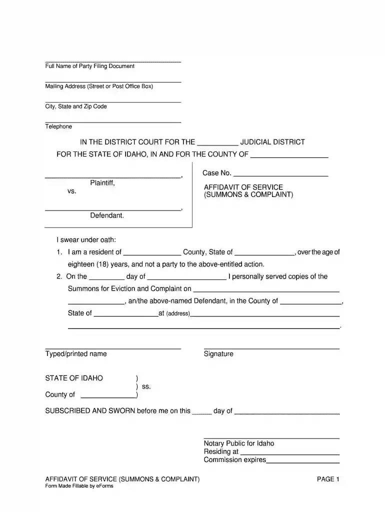 affidavit of service idaho Preview on Page 1