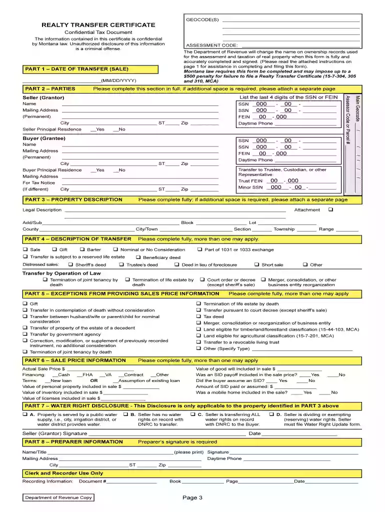 Realty Transfer Certificate (RTC) - Sanders County Preview on Page 1