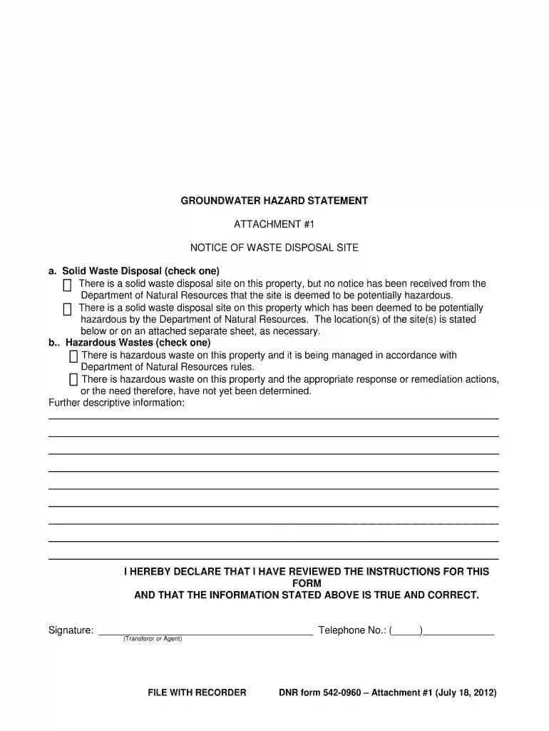 GROUNDWATER HAZARD STATEMENT a Solid Waste Disposal (check Preview on Page 1