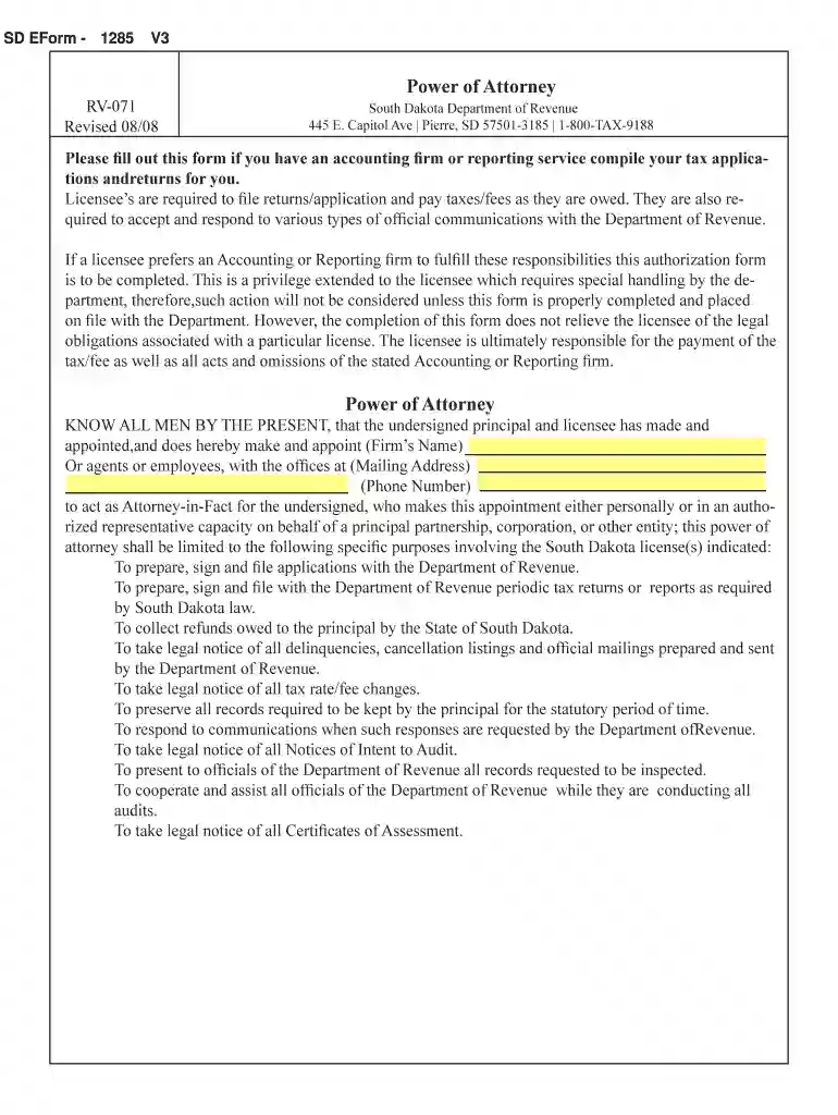south-dakota-tax-power-of-attorney-form-RV-071 - eForms Preview on Page 1