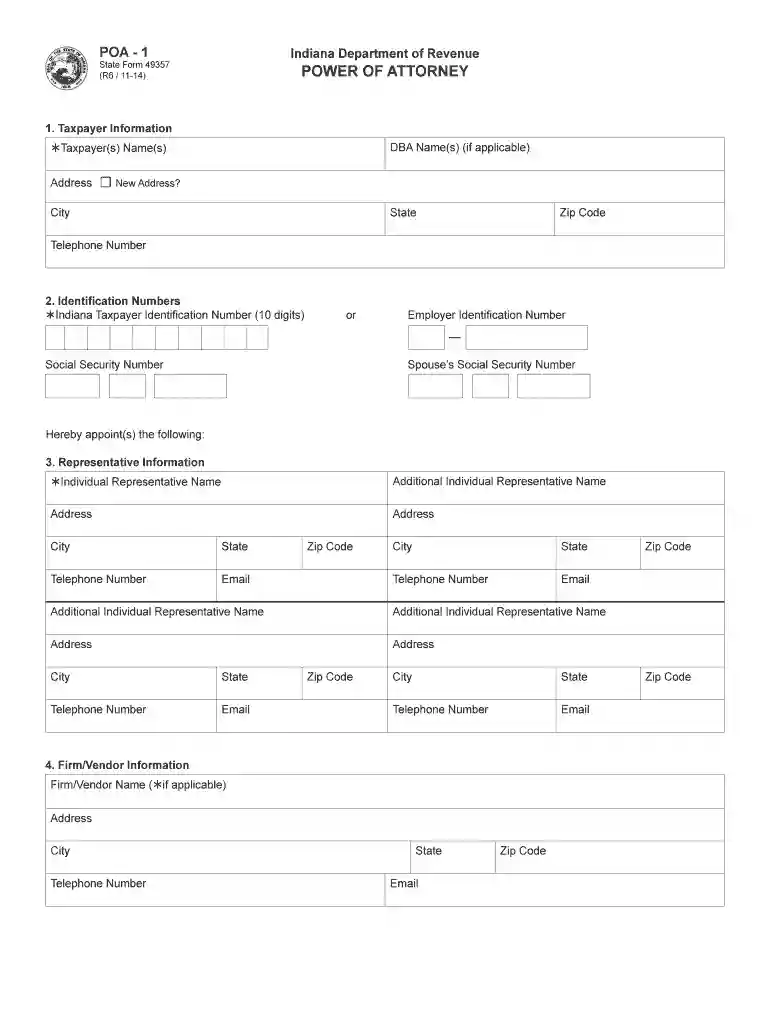 Indiana Department of Revenue Power of Attorney - Tax Preview on Page 1