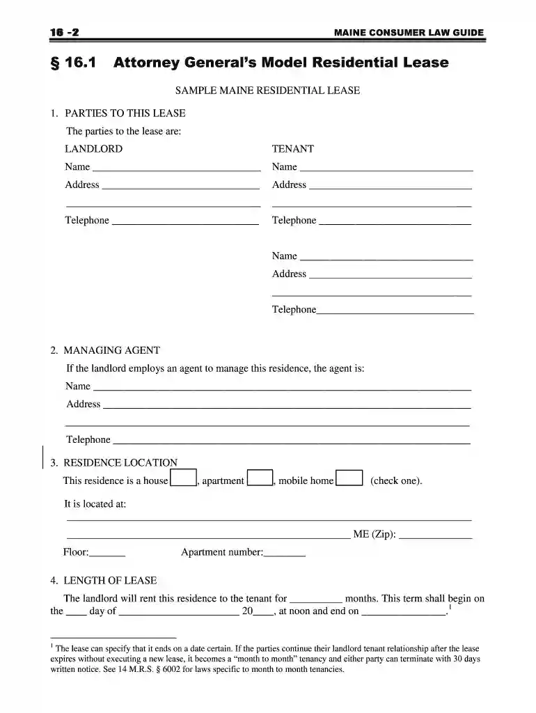 Maine Attorney General Standard Residential Lease Agreement Preview on Page 1