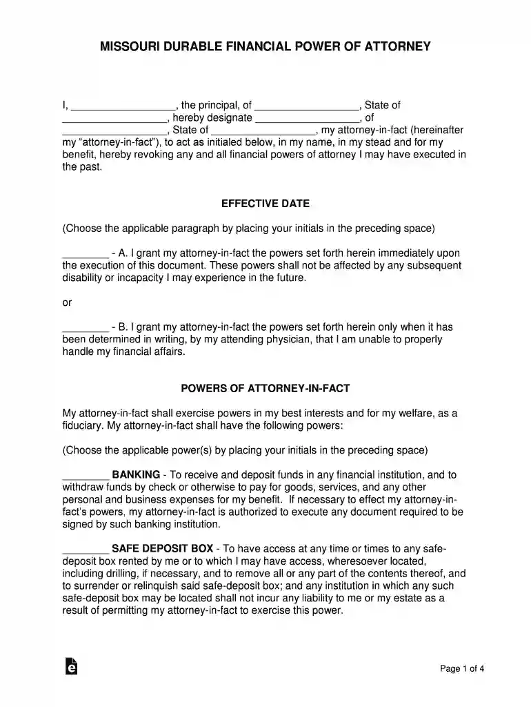 missouri financial power of attorney form Preview on Page 1