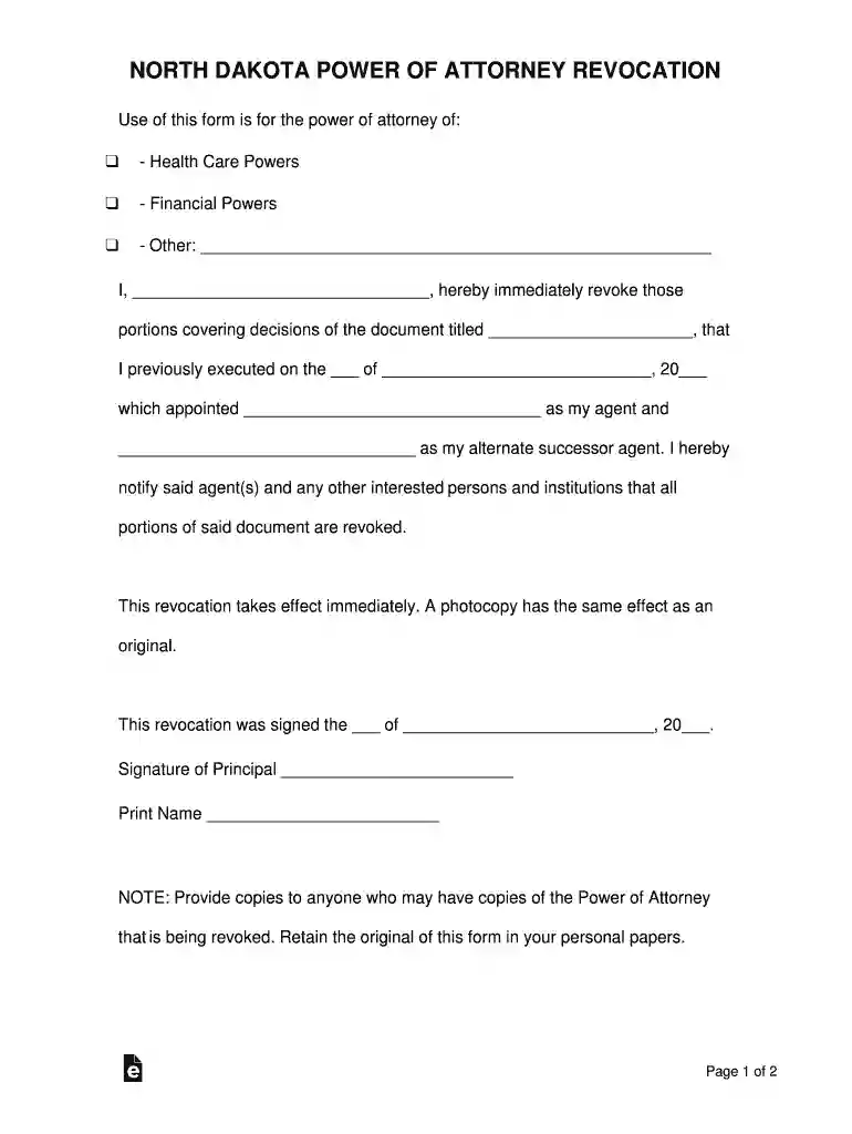 North Dakota Power of Attorney Revocation Form Preview on Page 1