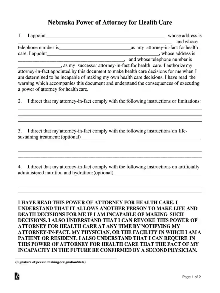 Nebraska Durable Power of Attorney for Health Care Preview on Page 1