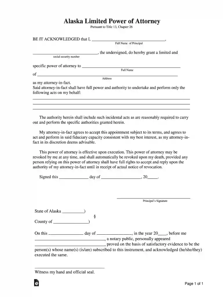 Free Alaska Limited Power of Attorney Form - PDFWord Preview on Page 1