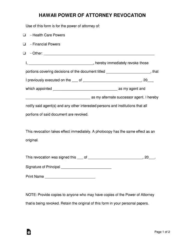 Hawaii Revocation Power of Attorney Form - Power of Preview on Page 1