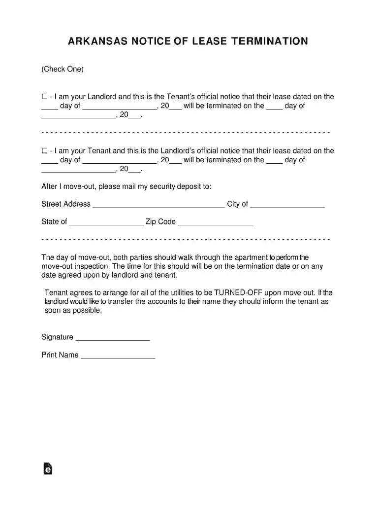 Arkansas Lease Termination Letter Form30-Day Notice Preview on Page 1