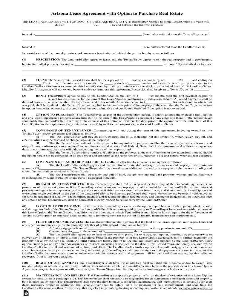 Free Arizona Lease with Option to Purchase (Lease to Own Preview on Page 1
