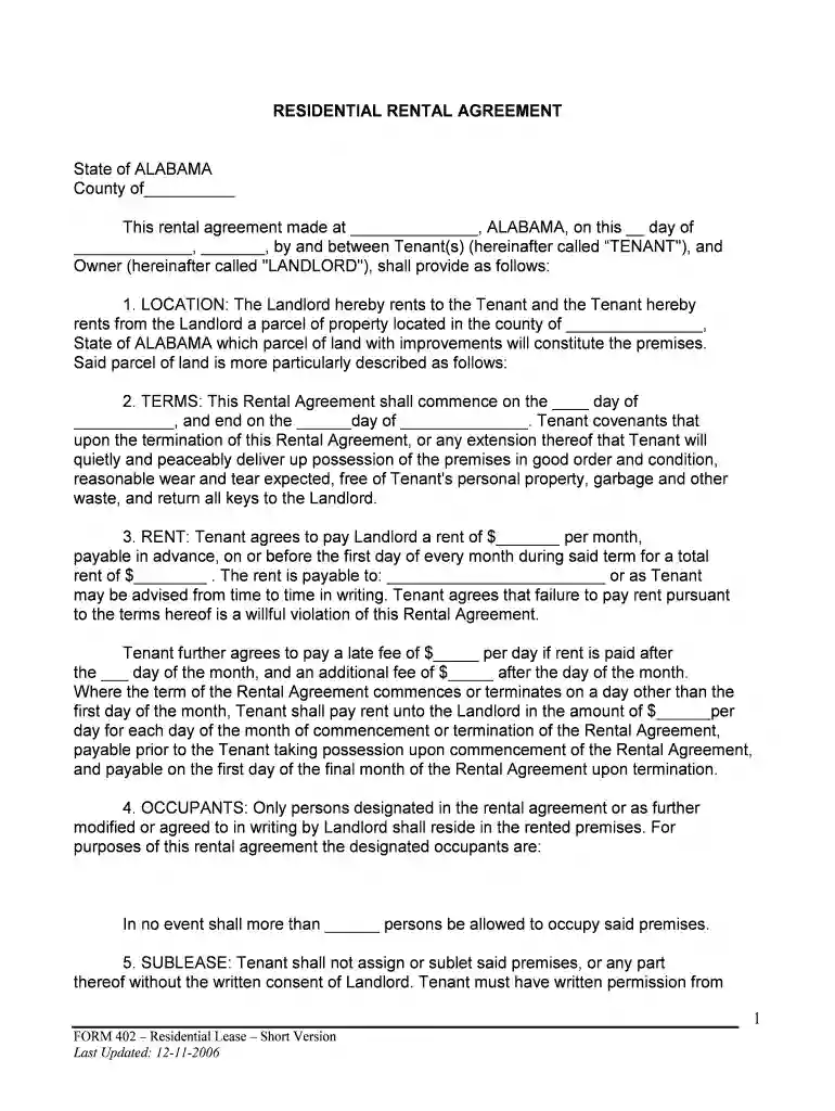 Model Residential Leases from the Alabama Association of - eForms Preview on Page 1