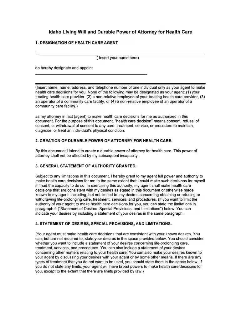 Free Idaho Medical Power of Attorney Form and Living Will Preview on Page 1
