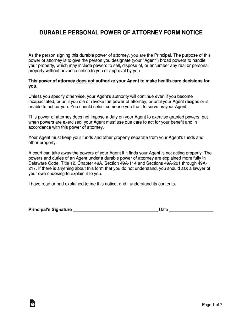 Delaware Durable Financial Power of Attorney Form Preview on Page 1