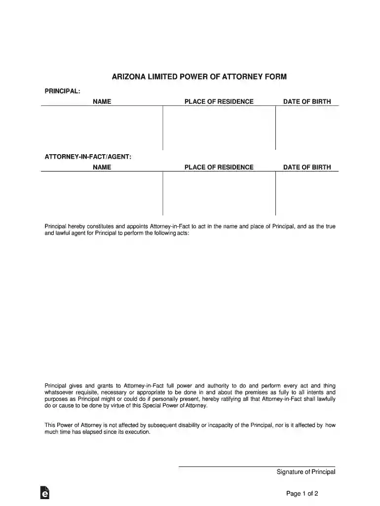 Free Arizona Limited Power of Attorney Form - PDFWord Preview on Page 1