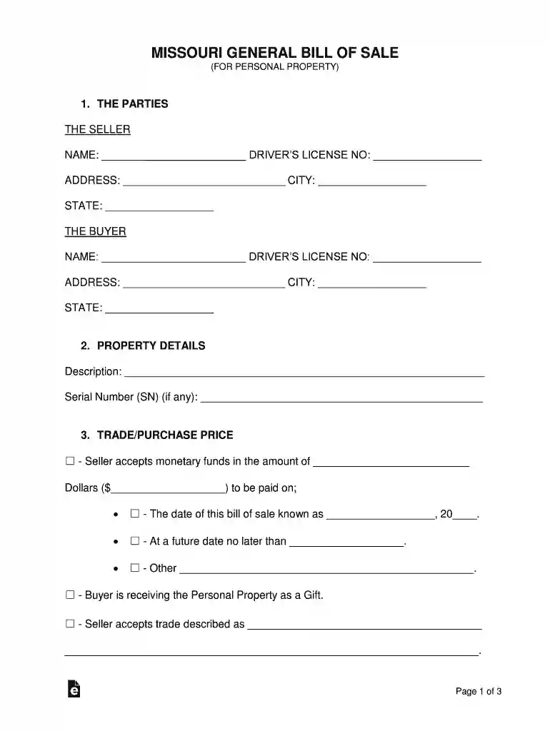 missouri bill of sale Preview on Page 1