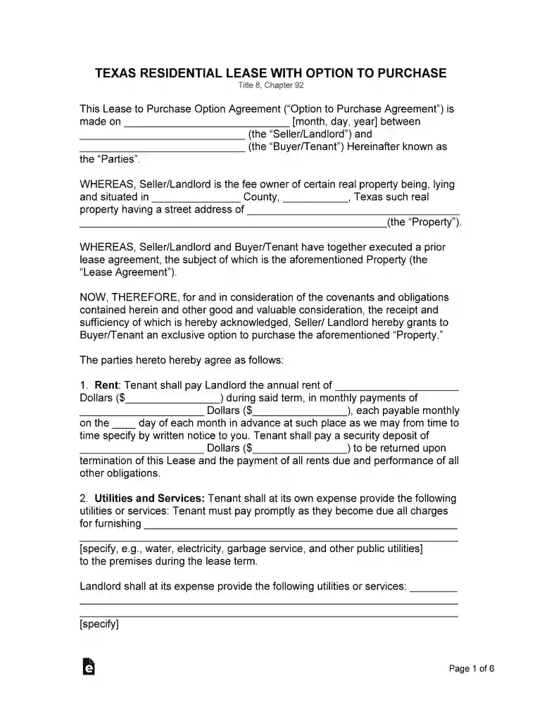 Free Texas Standard Residential Lease Agreement Template Preview on Page 1