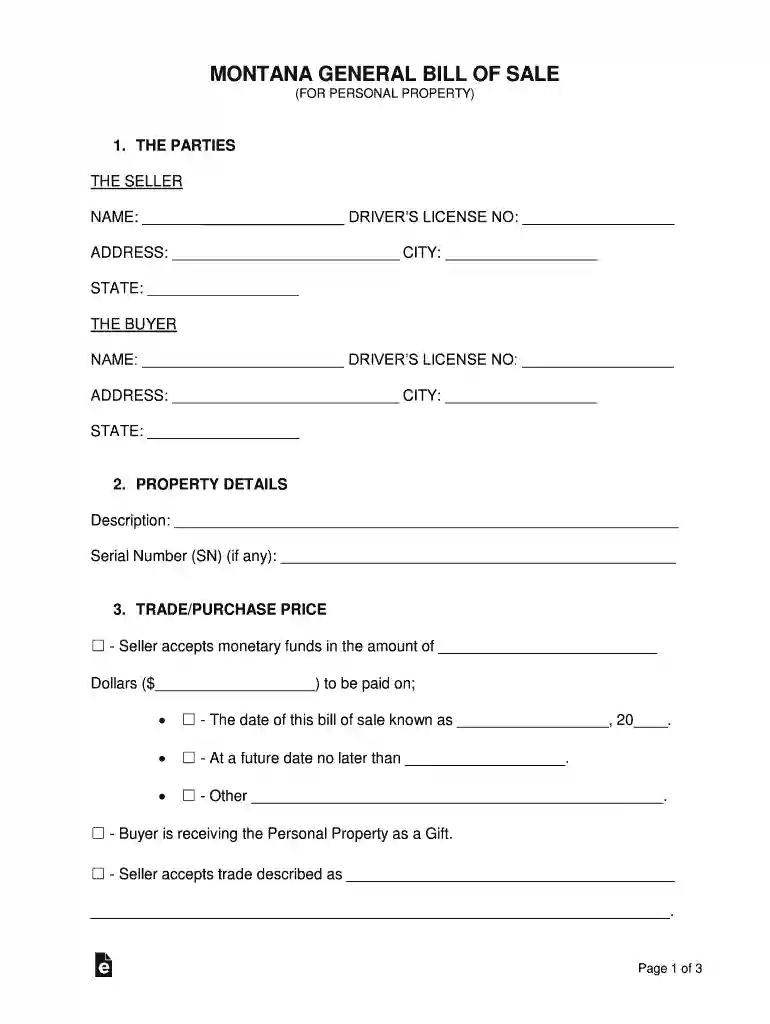 Free Montana Bill of Sale Templates (PDF & DOCX)FormSwift Preview on Page 1
