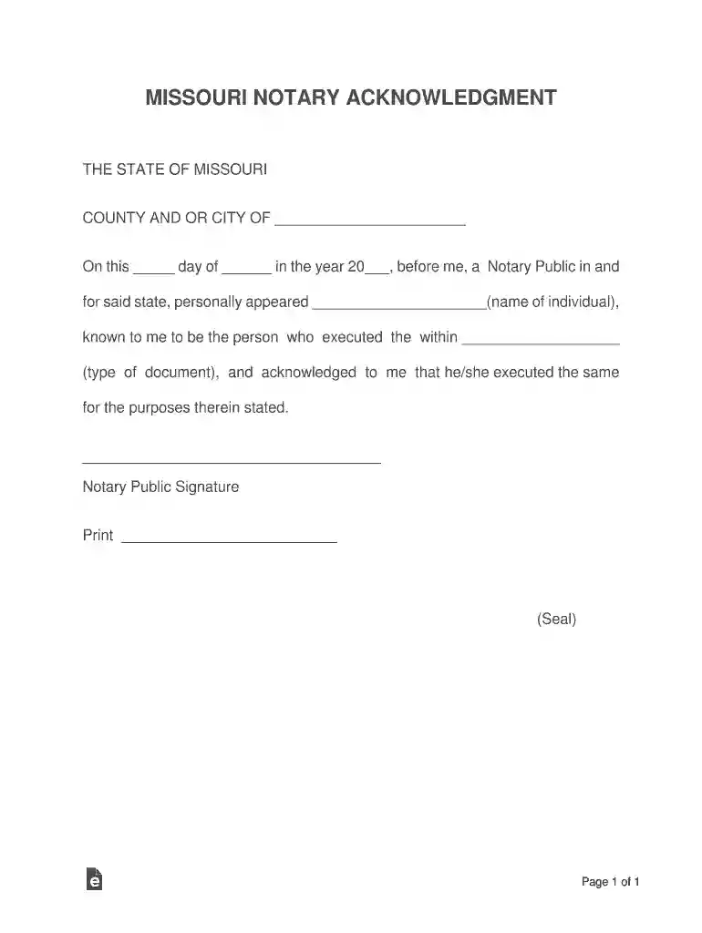Missouri AcknowledgmentsIndividualUS Legal Forms Preview on Page 1