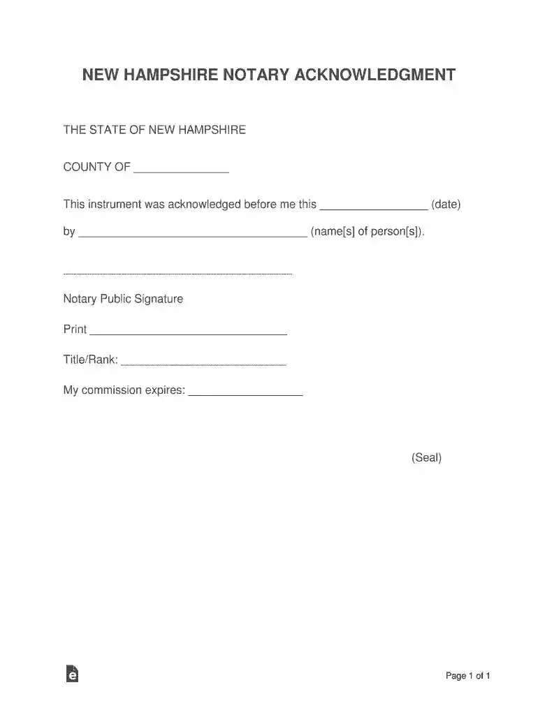 New Hampshire AcknowledgmentsIndividualUS Legal Forms Preview on Page 1