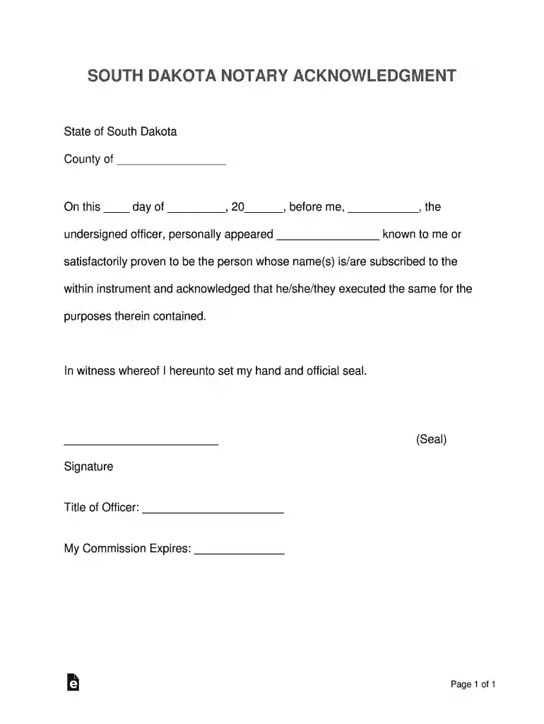 Free South Dakota Notary Acknowledgement Form Preview on Page 1