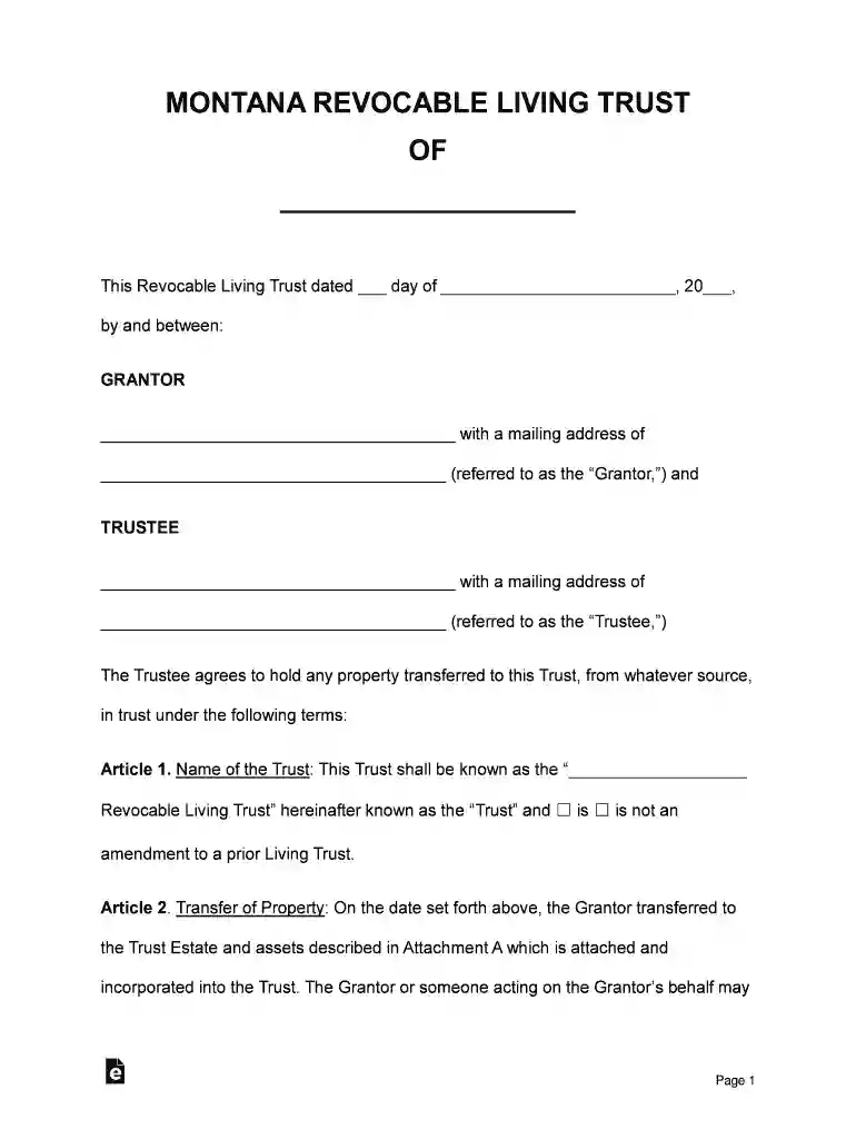 Montana Revocable Living Trust Form - eforms Preview on Page 1
