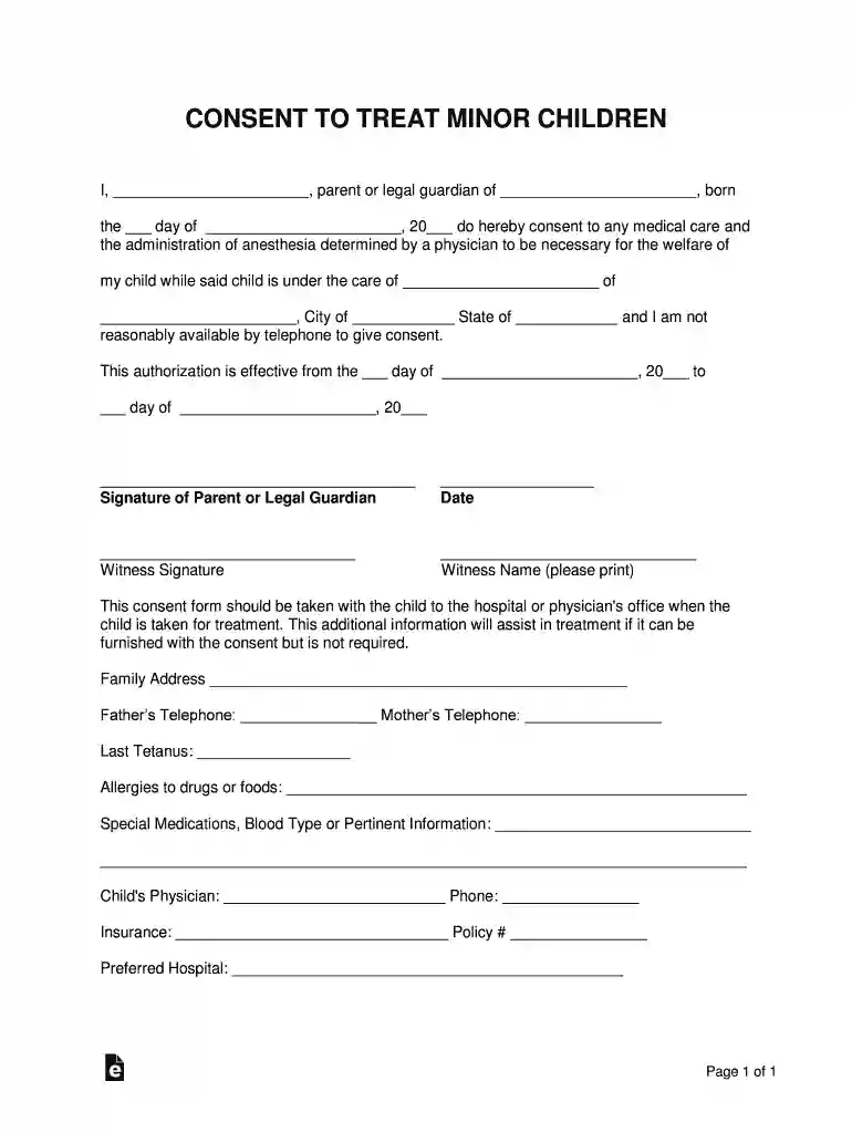 consent minor children form Preview on Page 1