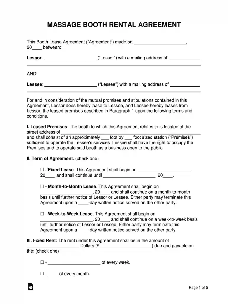 massage therapist booth rental agreement Preview on Page 1